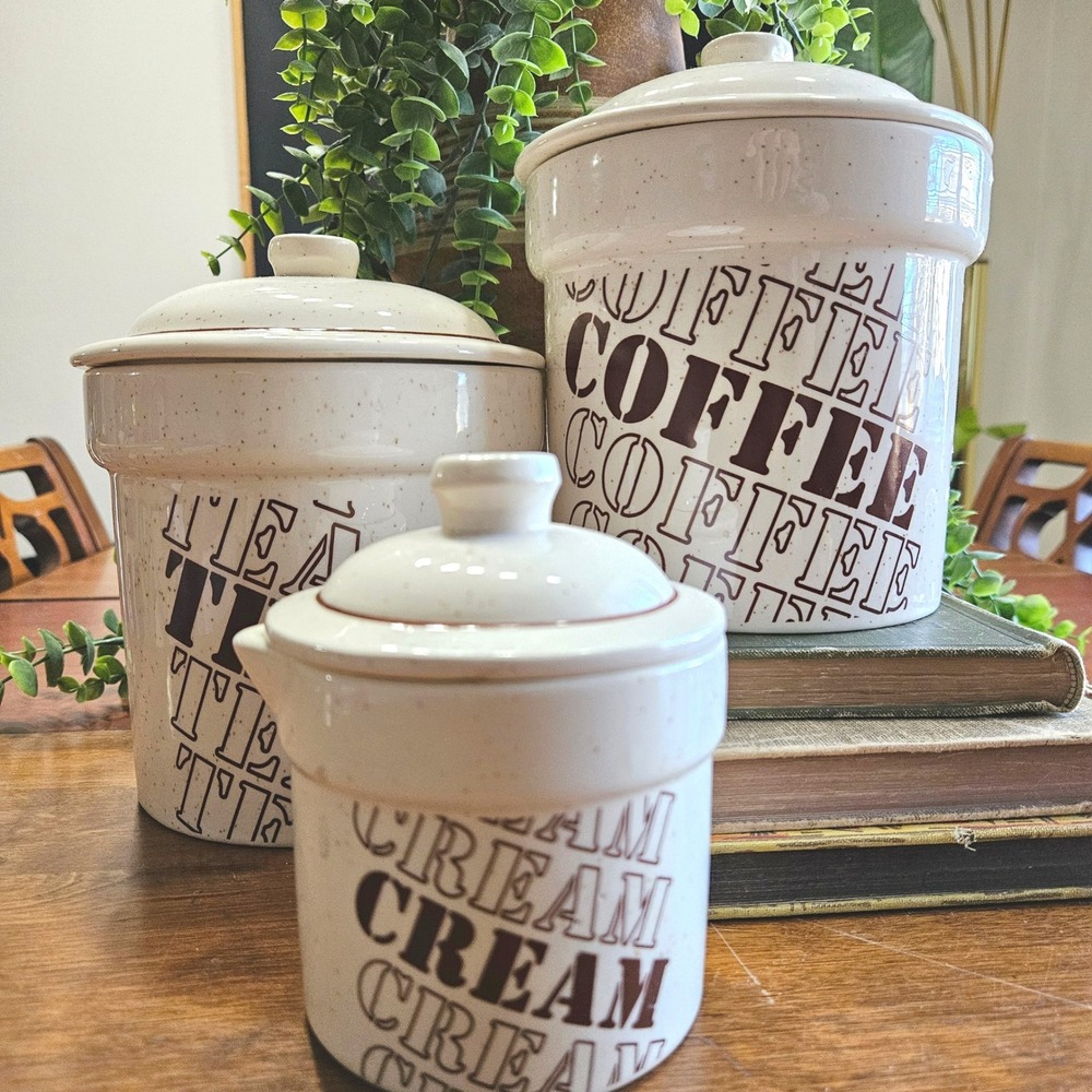 Vintage Pottery Craft USA Speckled Ceramic Canister Set Coffee Tea Cream 3pc